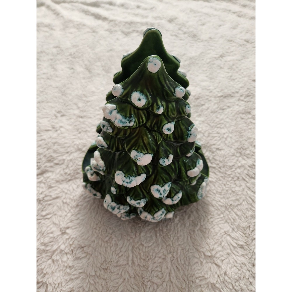 Vintage Ceramic Christmas Tree Napkin Holder Glossy Green Snow Glazed...